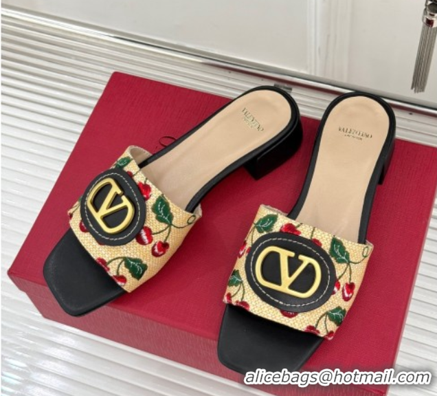 Unique Style Valentino VLogo Signature Cherryfic Heel Slides Sandal 3cm in Jacquard Synthetic Raffia Black 0428034