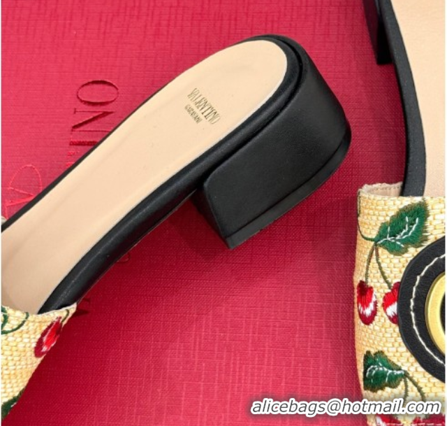Unique Style Valentino VLogo Signature Cherryfic Heel Slides Sandal 3cm in Jacquard Synthetic Raffia Black 0428034