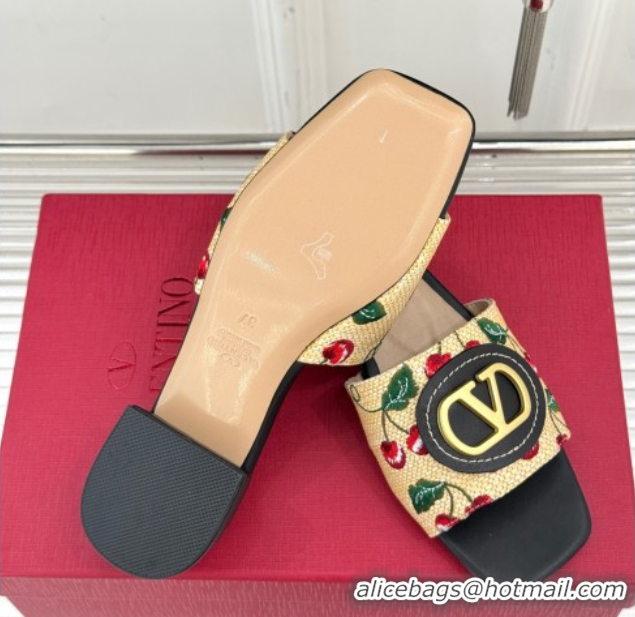 Unique Style Valentino VLogo Signature Cherryfic Heel Slides Sandal 3cm in Jacquard Synthetic Raffia Black 0428034