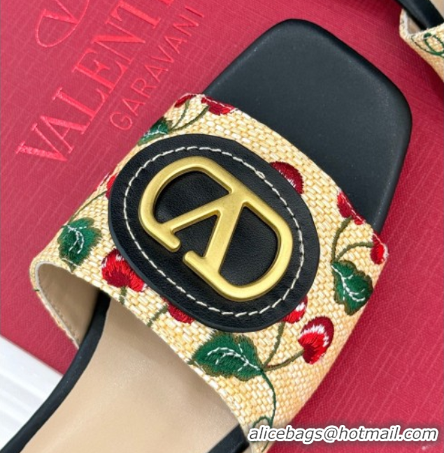 Unique Style Valentino VLogo Signature Cherryfic Heel Slides Sandal 3cm in Jacquard Synthetic Raffia Black 0428034