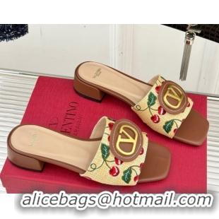 Classic Hot Valentino VLogo Signature Cherryfic Heel Slides Sandal 3cm in Jacquard Synthetic Raffia Brown 0428035