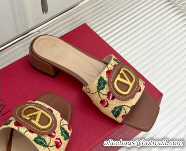 Classic Hot Valentino VLogo Signature Cherryfic Heel Slides Sandal 3cm in Jacquard Synthetic Raffia Brown 0428035