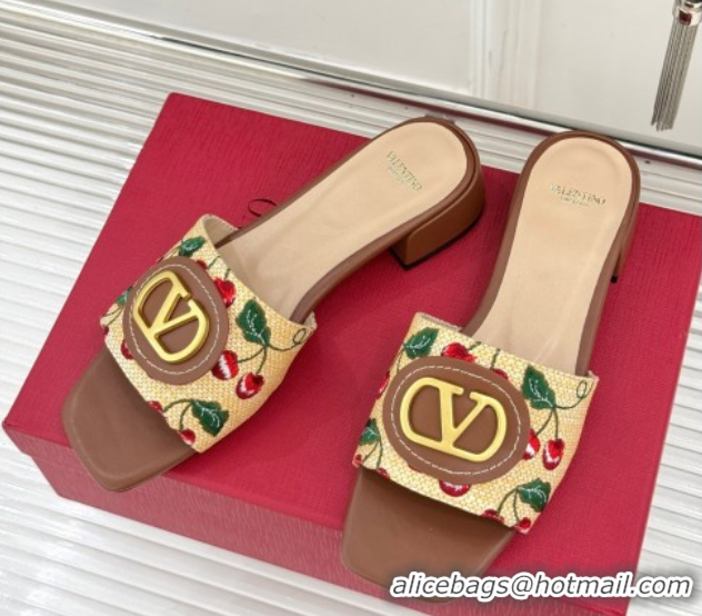 Classic Hot Valentino VLogo Signature Cherryfic Heel Slides Sandal 3cm in Jacquard Synthetic Raffia Brown 0428035