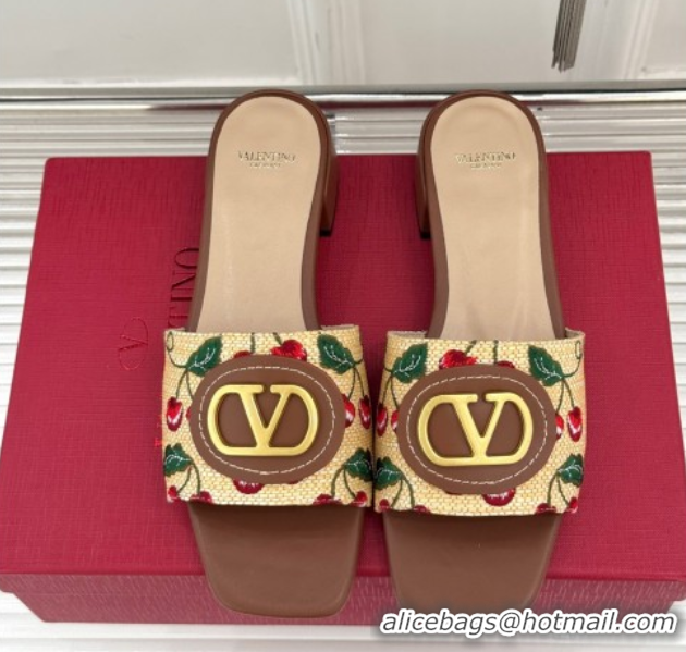 Classic Hot Valentino VLogo Signature Cherryfic Heel Slides Sandal 3cm in Jacquard Synthetic Raffia Brown 0428035