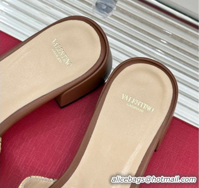 Classic Hot Valentino VLogo Signature Cherryfic Heel Slides Sandal 3cm in Jacquard Synthetic Raffia Brown 0428035