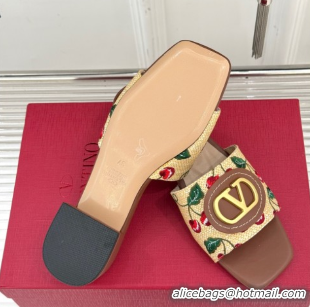 Classic Hot Valentino VLogo Signature Cherryfic Heel Slides Sandal 3cm in Jacquard Synthetic Raffia Brown 0428035