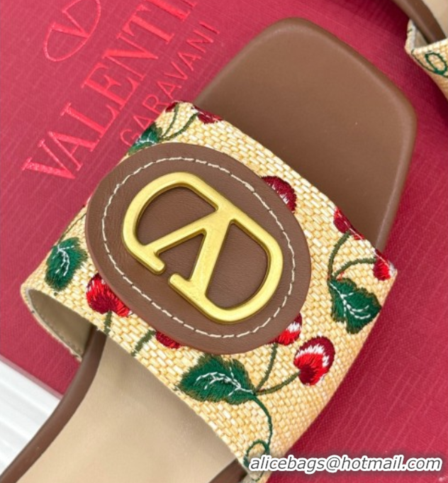 Classic Hot Valentino VLogo Signature Cherryfic Heel Slides Sandal 3cm in Jacquard Synthetic Raffia Brown 0428035