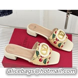 Pretty Style Valentino VLogo Signature Cherryfic Heel Slides Sandal 3cm in Jacquard Synthetic Raffia White 0428036