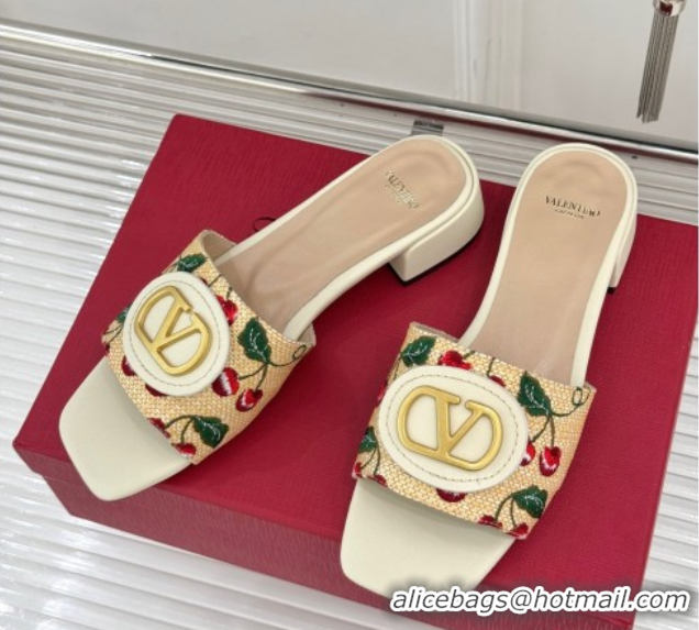 Pretty Style Valentino VLogo Signature Cherryfic Heel Slides Sandal 3cm in Jacquard Synthetic Raffia White 0428036