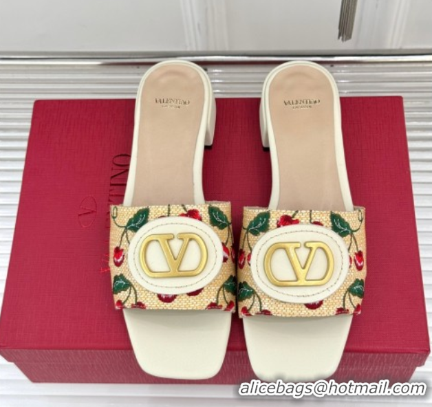 Pretty Style Valentino VLogo Signature Cherryfic Heel Slides Sandal 3cm in Jacquard Synthetic Raffia White 0428036