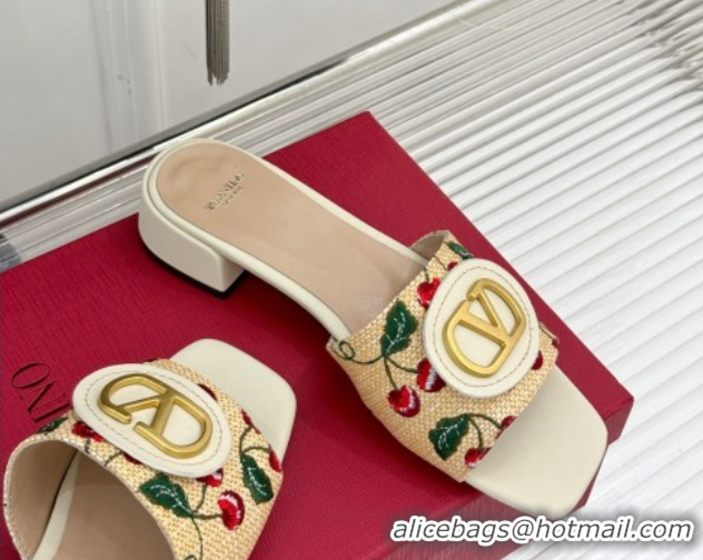Pretty Style Valentino VLogo Signature Cherryfic Heel Slides Sandal 3cm in Jacquard Synthetic Raffia White 0428036