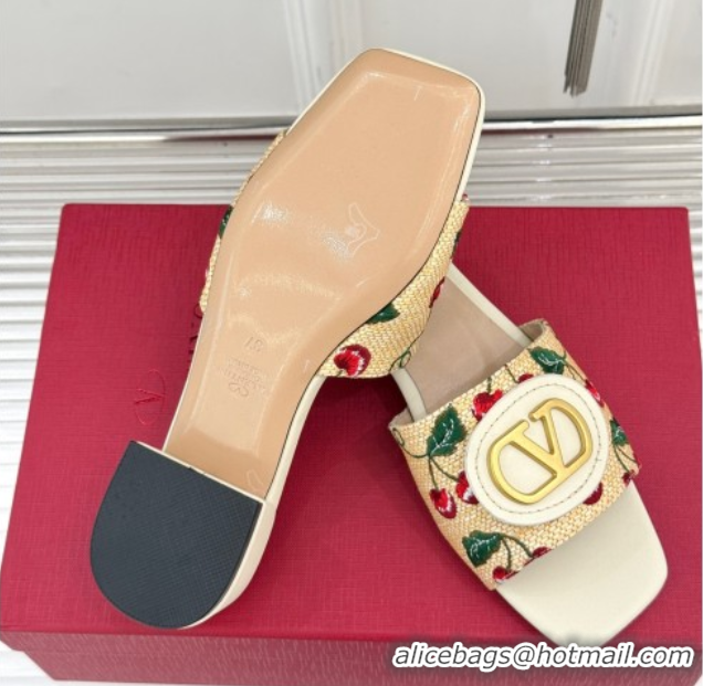 Pretty Style Valentino VLogo Signature Cherryfic Heel Slides Sandal 3cm in Jacquard Synthetic Raffia White 0428036