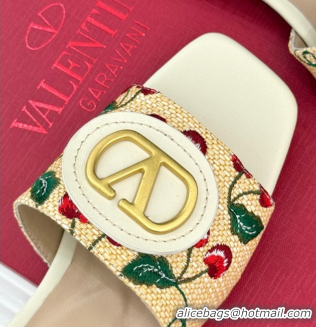 Pretty Style Valentino VLogo Signature Cherryfic Heel Slides Sandal 3cm in Jacquard Synthetic Raffia White 0428036