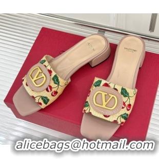 Valentino VLogo Signature Cherryfic Heel Slides Sandal 3cm in Jacquard Synthetic Raffia Dusty Pink 0428037