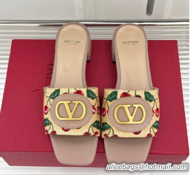 Valentino VLogo Signature Cherryfic Heel Slides Sandal 3cm in Jacquard Synthetic Raffia Dusty Pink 0428037