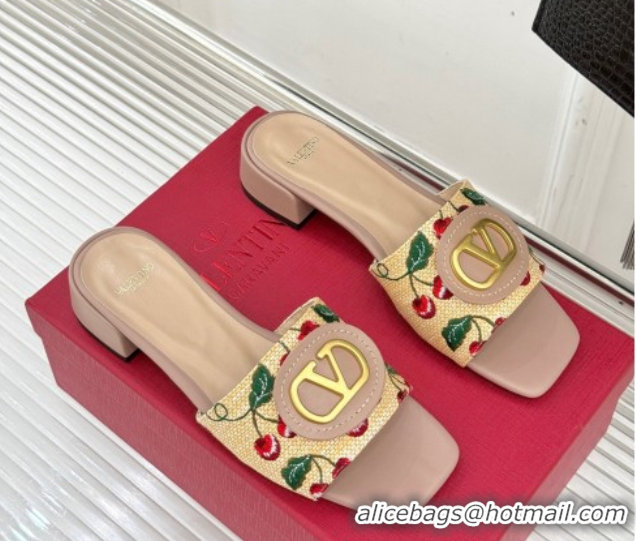 Valentino VLogo Signature Cherryfic Heel Slides Sandal 3cm in Jacquard Synthetic Raffia Dusty Pink 0428037
