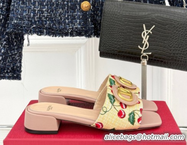 Valentino VLogo Signature Cherryfic Heel Slides Sandal 3cm in Jacquard Synthetic Raffia Dusty Pink 0428037
