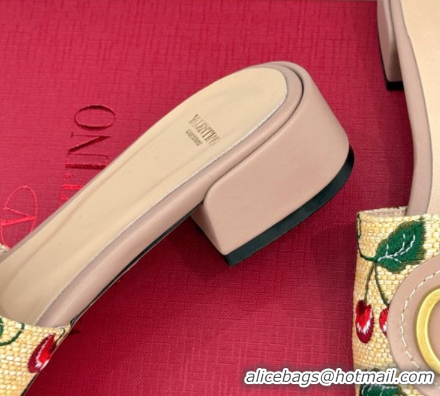 Valentino VLogo Signature Cherryfic Heel Slides Sandal 3cm in Jacquard Synthetic Raffia Dusty Pink 0428037
