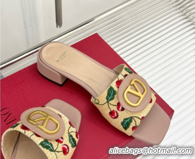 Valentino VLogo Signature Cherryfic Heel Slides Sandal 3cm in Jacquard Synthetic Raffia Dusty Pink 0428037