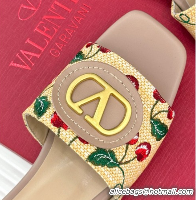 Valentino VLogo Signature Cherryfic Heel Slides Sandal 3cm in Jacquard Synthetic Raffia Dusty Pink 0428037