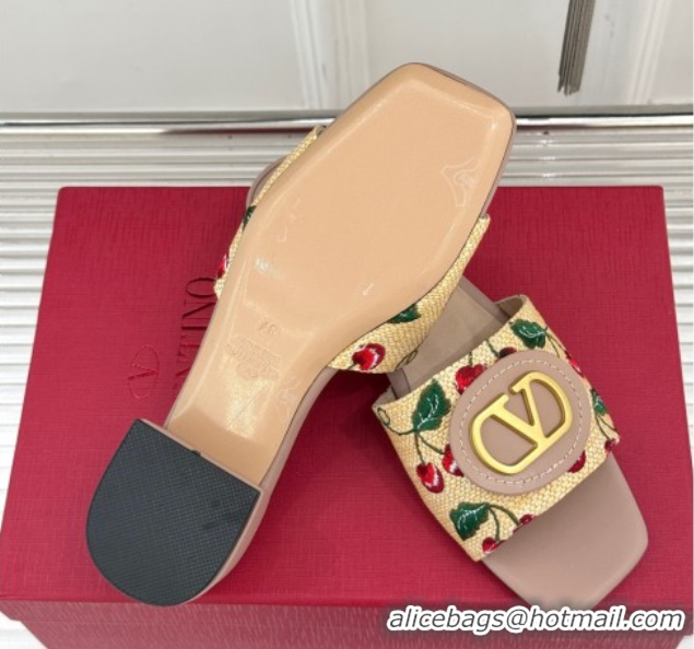 Valentino VLogo Signature Cherryfic Heel Slides Sandal 3cm in Jacquard Synthetic Raffia Dusty Pink 0428037