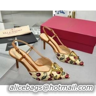 Fashion Valentino VLogo Signature Cherryfic Slingback Pumps 8cm in Jacquard Synthetic Raffia Brown 0428038