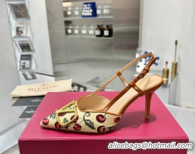 Fashion Valentino VLogo Signature Cherryfic Slingback Pumps 8cm in Jacquard Synthetic Raffia Brown 0428038