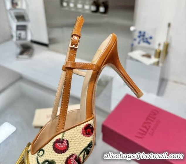 Fashion Valentino VLogo Signature Cherryfic Slingback Pumps 8cm in Jacquard Synthetic Raffia Brown 0428038