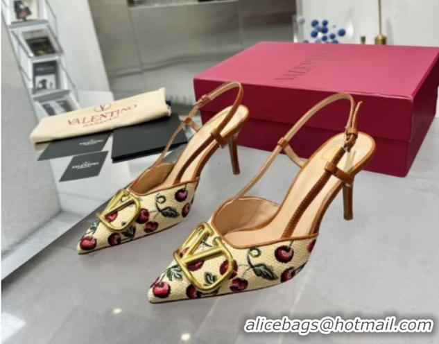 Fashion Valentino VLogo Signature Cherryfic Slingback Pumps 8cm in Jacquard Synthetic Raffia Brown 0428038