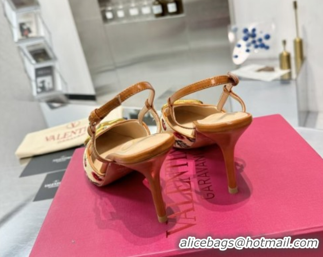Fashion Valentino VLogo Signature Cherryfic Slingback Pumps 8cm in Jacquard Synthetic Raffia Brown 0428038