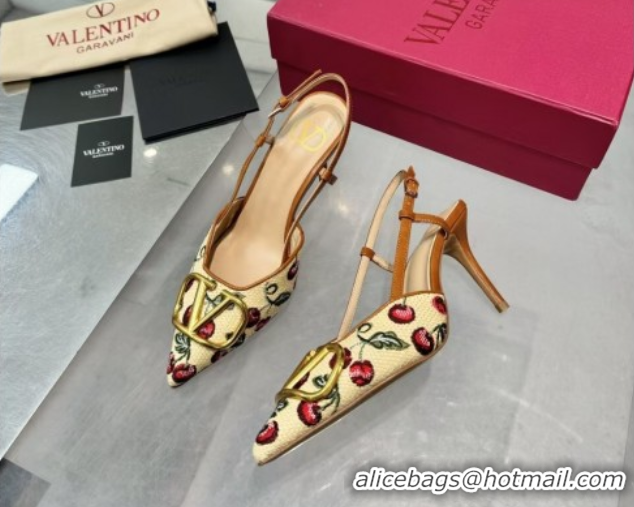 Fashion Valentino VLogo Signature Cherryfic Slingback Pumps 8cm in Jacquard Synthetic Raffia Brown 0428038