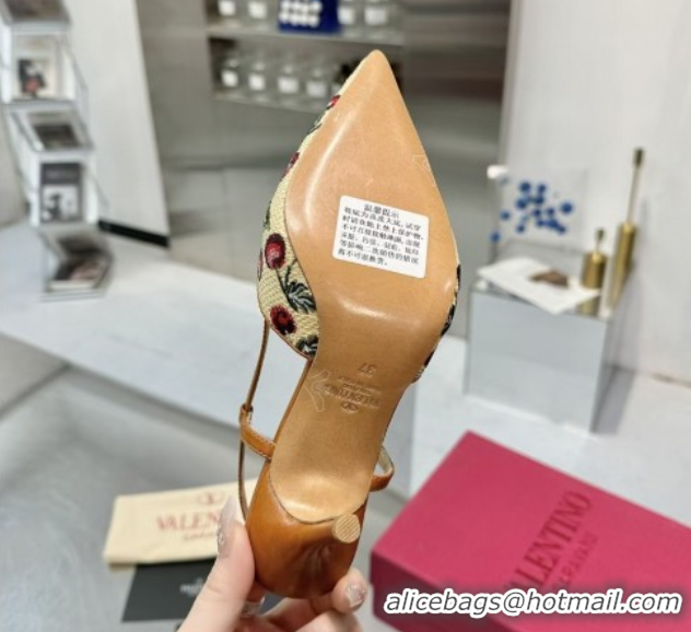 Fashion Valentino VLogo Signature Cherryfic Slingback Pumps 8cm in Jacquard Synthetic Raffia Brown 0428038