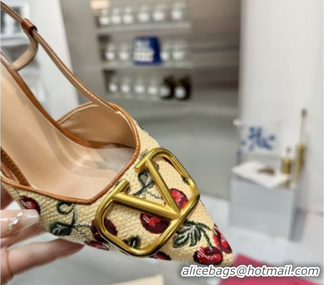 Fashion Valentino VLogo Signature Cherryfic Slingback Pumps 8cm in Jacquard Synthetic Raffia Brown 0428038