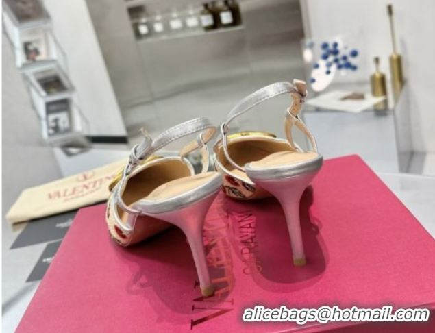 Purchase Valentino VLogo Signature Cherryfic Slingback Pumps 8cm in Jacquard Synthetic Raffia Silver 0428039