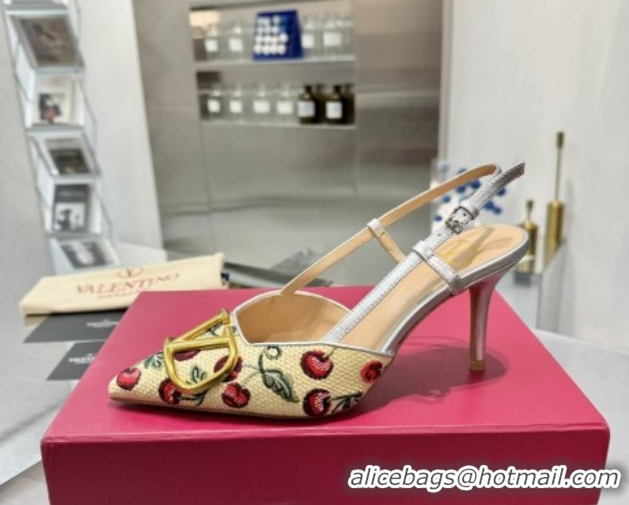 Purchase Valentino VLogo Signature Cherryfic Slingback Pumps 8cm in Jacquard Synthetic Raffia Silver 0428039