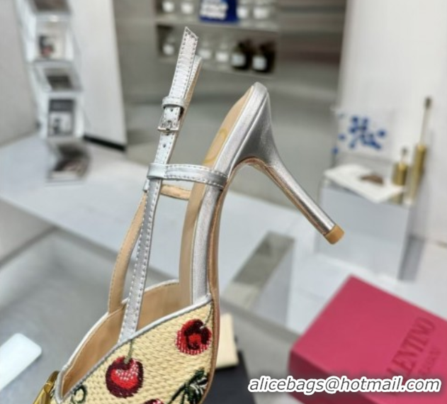 Purchase Valentino VLogo Signature Cherryfic Slingback Pumps 8cm in Jacquard Synthetic Raffia Silver 0428039