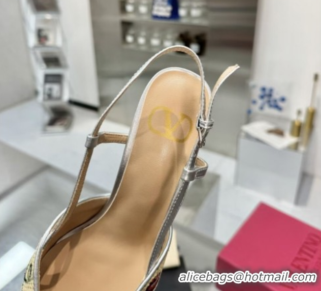 Purchase Valentino VLogo Signature Cherryfic Slingback Pumps 8cm in Jacquard Synthetic Raffia Silver 0428039