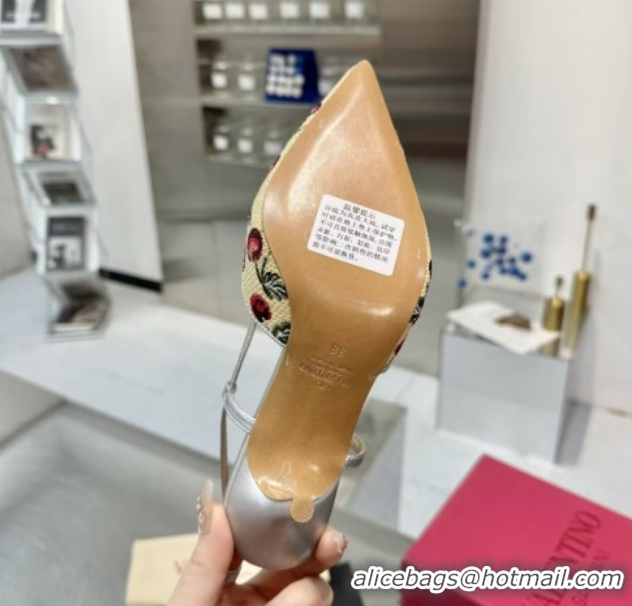 Purchase Valentino VLogo Signature Cherryfic Slingback Pumps 8cm in Jacquard Synthetic Raffia Silver 0428039
