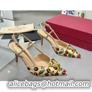 Top Grade Valentino VLogo Signature Cherryfic Slingback Pumps 8cm in Jacquard Synthetic Raffia Dusty Pink 0428040