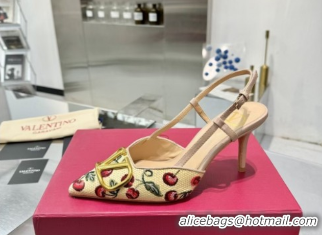 Top Grade Valentino VLogo Signature Cherryfic Slingback Pumps 8cm in Jacquard Synthetic Raffia Dusty Pink 0428040