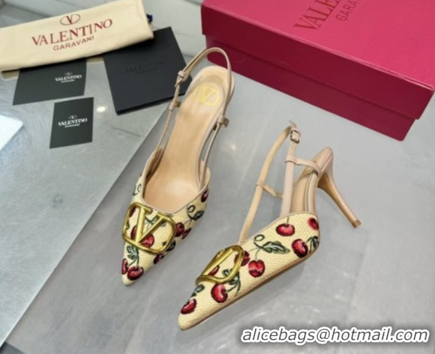 Top Grade Valentino VLogo Signature Cherryfic Slingback Pumps 8cm in Jacquard Synthetic Raffia Dusty Pink 0428040