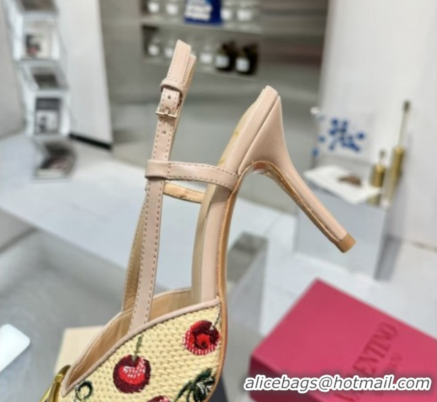 Top Grade Valentino VLogo Signature Cherryfic Slingback Pumps 8cm in Jacquard Synthetic Raffia Dusty Pink 0428040
