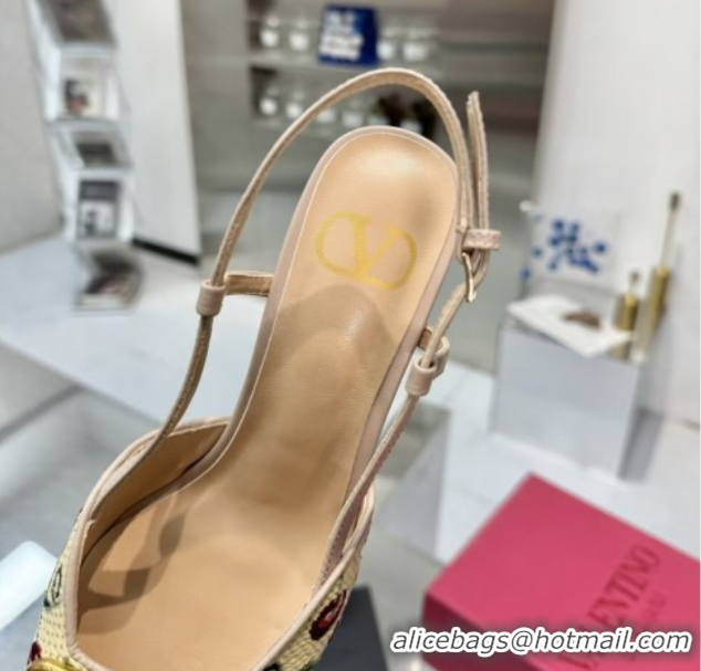 Top Grade Valentino VLogo Signature Cherryfic Slingback Pumps 8cm in Jacquard Synthetic Raffia Dusty Pink 0428040