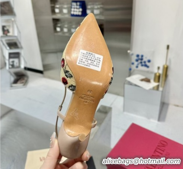 Top Grade Valentino VLogo Signature Cherryfic Slingback Pumps 8cm in Jacquard Synthetic Raffia Dusty Pink 0428040