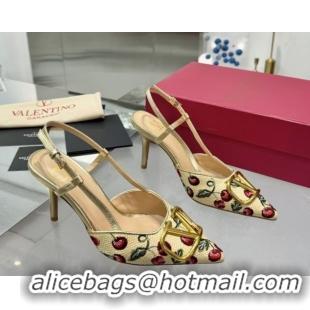 Best Grade Valentino VLogo Signature Cherryfic Slingback Pumps 8cm in Jacquard Synthetic Raffia Gold 0428041