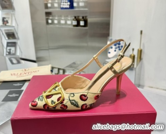 Best Grade Valentino VLogo Signature Cherryfic Slingback Pumps 8cm in Jacquard Synthetic Raffia Gold 0428041