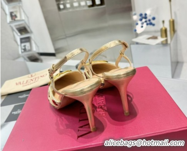 Best Grade Valentino VLogo Signature Cherryfic Slingback Pumps 8cm in Jacquard Synthetic Raffia Gold 0428041
