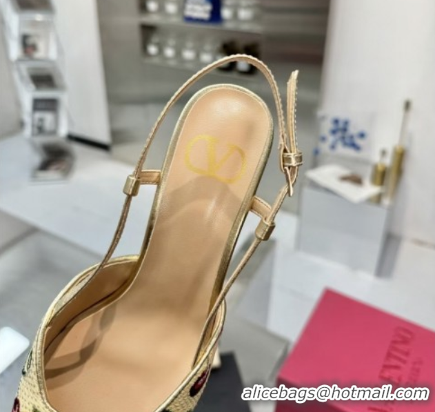 Best Grade Valentino VLogo Signature Cherryfic Slingback Pumps 8cm in Jacquard Synthetic Raffia Gold 0428041