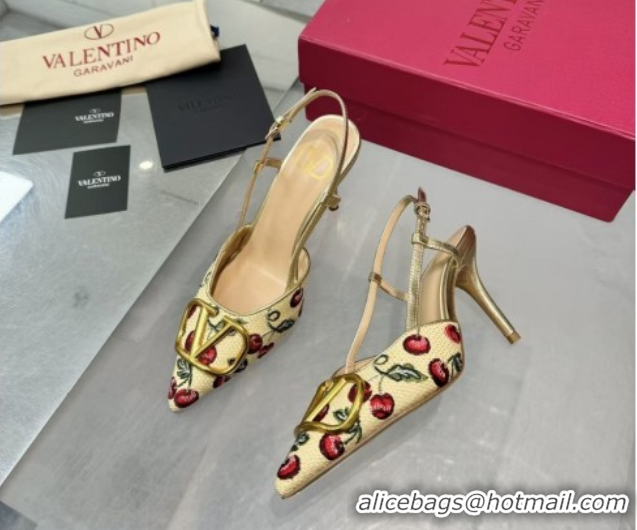 Best Grade Valentino VLogo Signature Cherryfic Slingback Pumps 8cm in Jacquard Synthetic Raffia Gold 0428041
