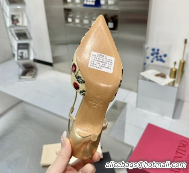 Best Grade Valentino VLogo Signature Cherryfic Slingback Pumps 8cm in Jacquard Synthetic Raffia Gold 0428041